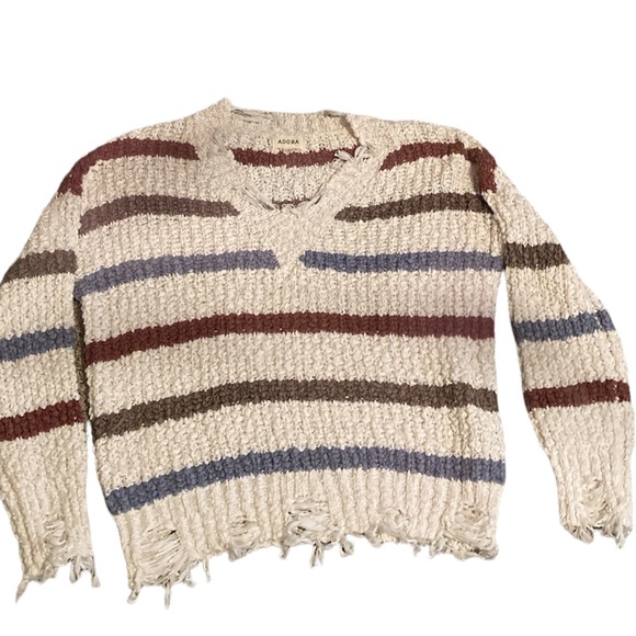 Adora distressed V-neck striped sweater size Large - Picture 1 of 7